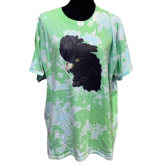 Upcycled Hand Printed XL Black Cockatoo Parrot Ukraine Artist Fundraiser Tee - Picture 1 of 4